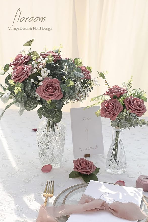 Artificial Flowers 25pcs Real Looking Dusty Rose Foam Fake Roses - Image 4