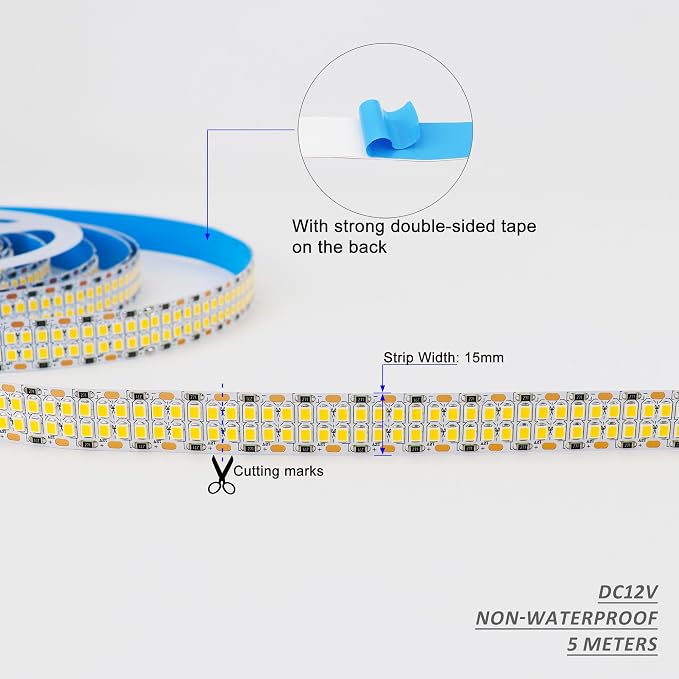 Warm White LED Strip Lights 3000K Double Row DC12V 16.4ft 2400LEDs | 2835 SMD - Image 5