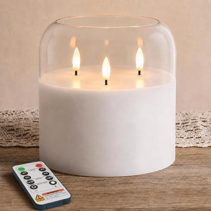 Homemory Pure White Large Glass Flameless LED Candle, 3 Wicks, Remote Timer | by Homemory