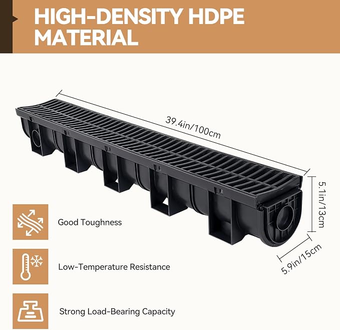 FAHKNS 6 Pack Trench Drain System, 5.9x5.1x39 Inch HDPE Drainage Trench - Image 2