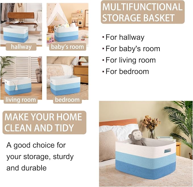 OIAHOMY Blanket Basket Laundry Basket Dog Toy Basket 75L Light Blue | Large - Image 4