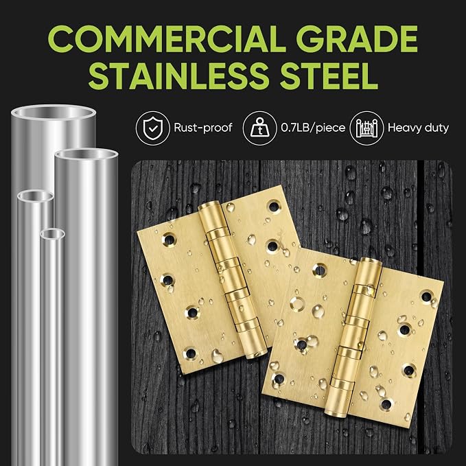 6 Pack Ball Bearing Door Hinges, 4in x 4in Heavy Duty Stainless Steel Door - Image 2