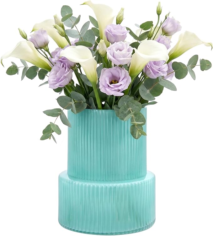 Green Ribbed Glass Vase, Modern Design Flower Vase | Home Decor by Woaiwo-q