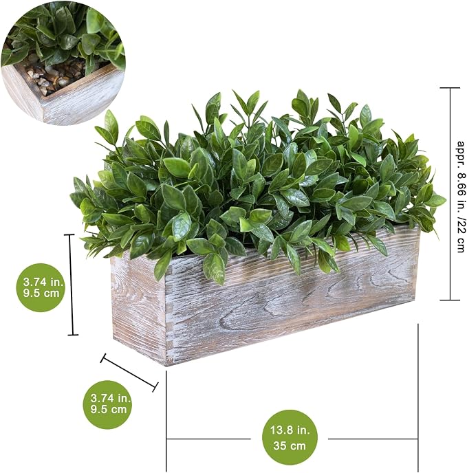 Winlyn 14" Faux Boxwood Plant in Rectangular Wood Planter Box Rustic Greenery - Image 2