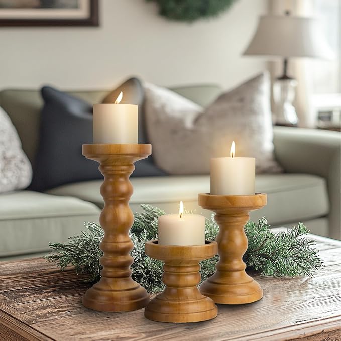 Candle Holder for Pillar Candle Set of 3, Farmhouse Wood Candle Holder - Image 4