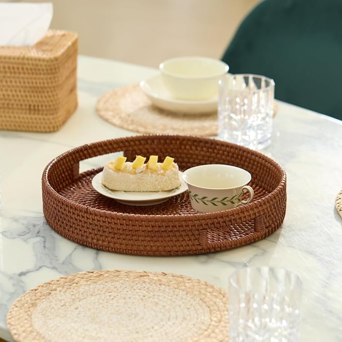 13.8 inch Round Rattan Tray, Decorative Coffee Table Tray, Ottoman Trays - Image 6