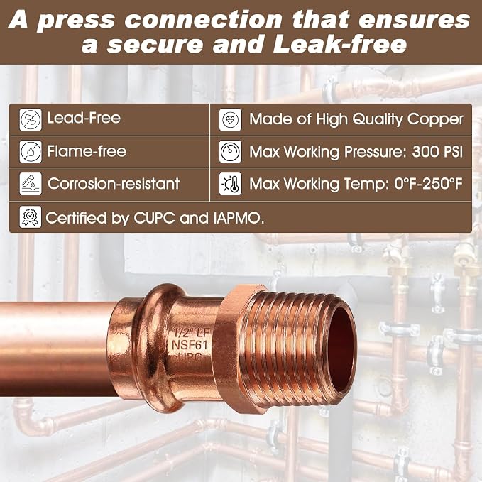 Copper Press Fittings 12pk, 1/2" Press x 1/2"NPT Copper Press Male Adapter | - Image 3