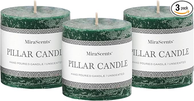 3x3 Inch Dark Green Pillar Candles Set of 3 by MiraScents