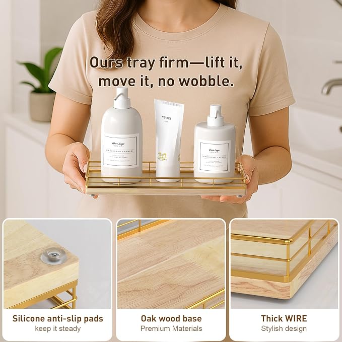 Bathroom Tray for Counter Top Organizer, Oak Wood Vanity Tray | Metal Frame for - Image 5
