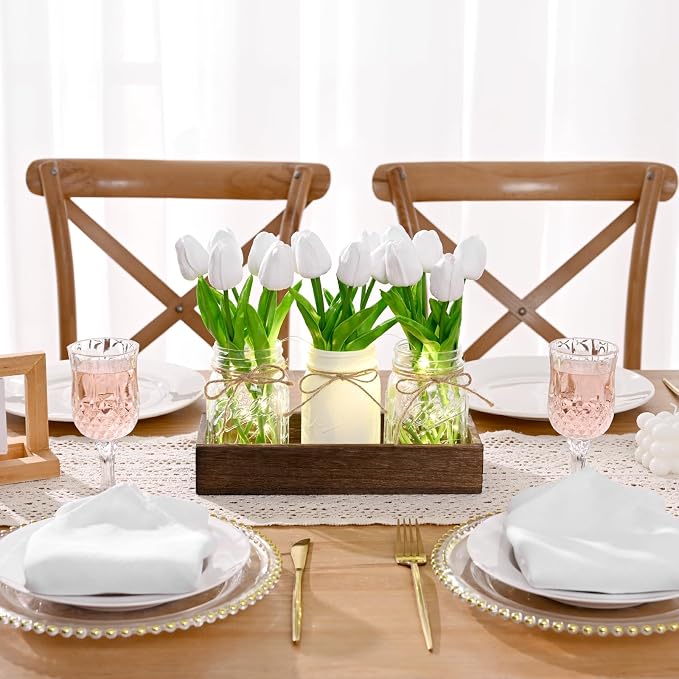BLEUM CADE 3Pcs Mason Jar with Artificial Tulip Flowers Wood Tray and Light | - Image 2