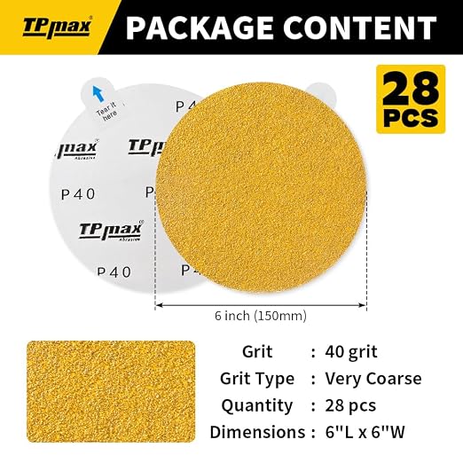 6-Inch 40-Grit Gold PSA Sanding Discs, 28 Pack – Pro-Grade Self-Adhesive - Image 2