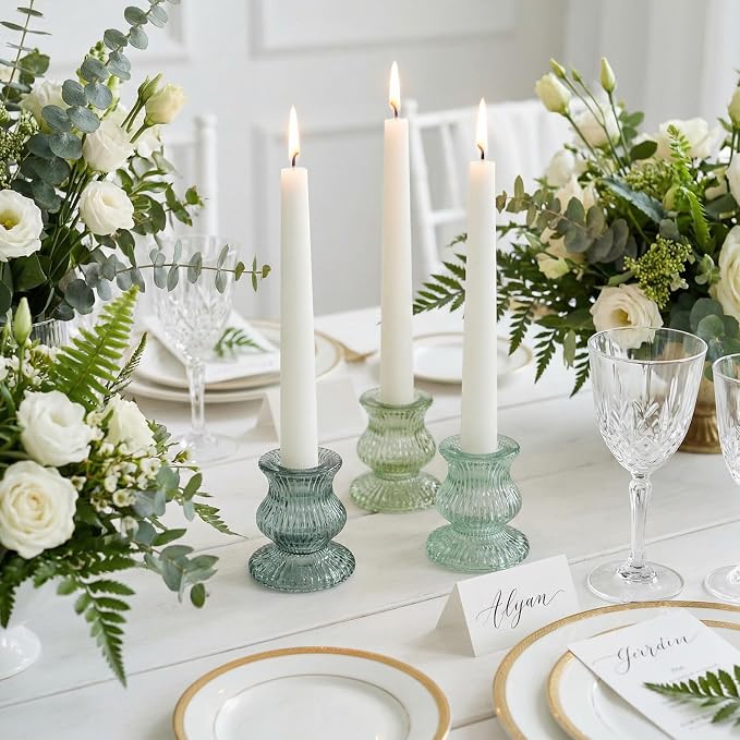 Green Glass Candle Holders 12 Pcs, Ribbed Taper Candle Holders Bulk, Vintage - Image 2