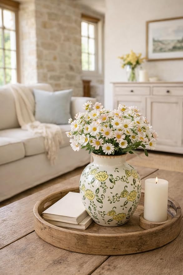 SIDUCAL Ceramic Vintage Vase, 5.83 Inch Yellow Rose Chinoiserie Floral Vase - Image 5