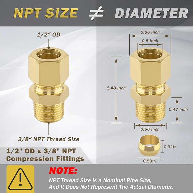 1/2" OD x 3/8" NPT Male Brass Compression Union Fitting, 5 Pack Straight Tube - Image 2