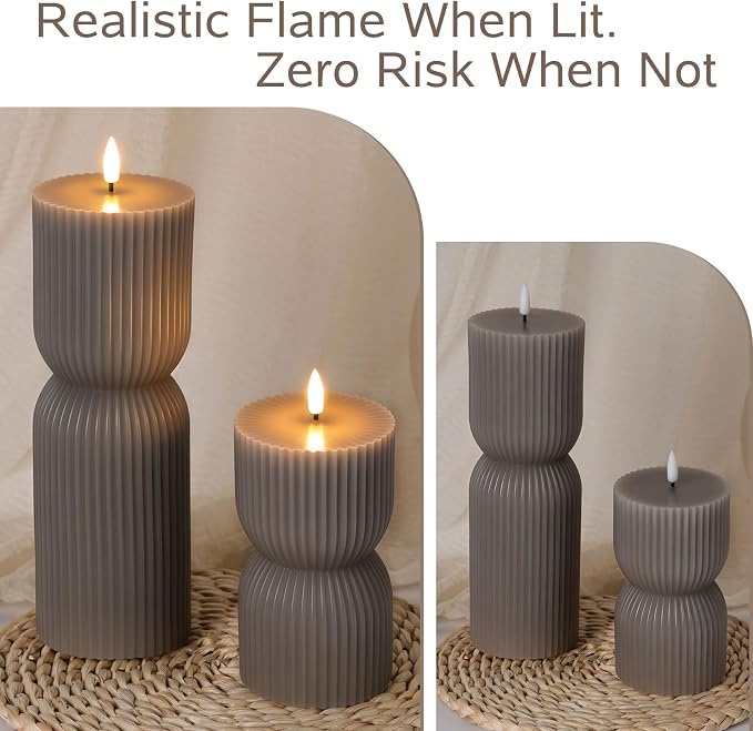 Taupe Ribbed Flameless Pillar Candles - Image 6