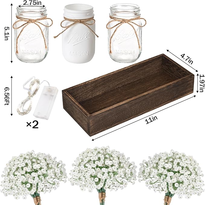 BLEUM CADE 3Pcs Mason Jar with Artificial Flowers Wood Tray and Light | Babys - Image 3