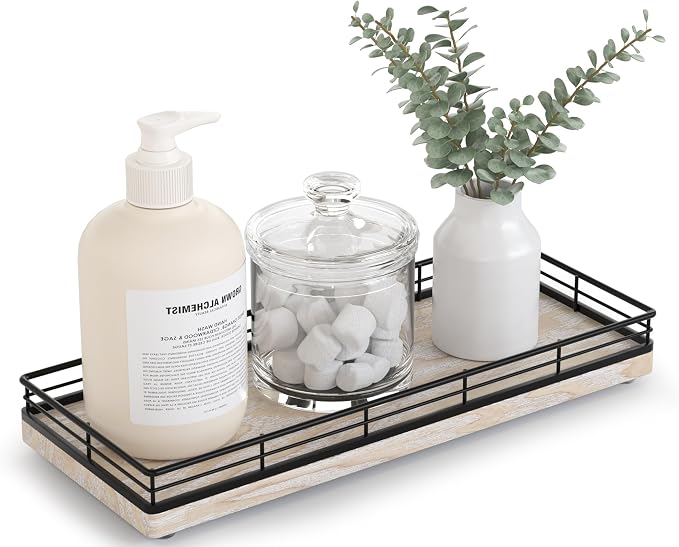 Bathroom Tray for Counter Top Organizer, Ash Wood Vanity Tray | Metal Frame for by Focusonit
