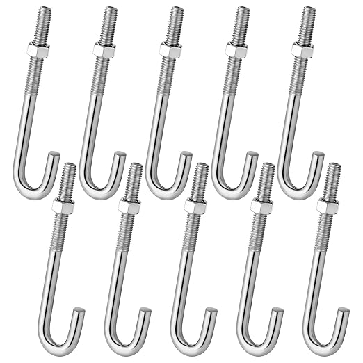 Yaocom 10 Pcs J Bolt with Nut 3/8"-16 x 5 Stainless Steel Concrete Anchors by Yaocom
