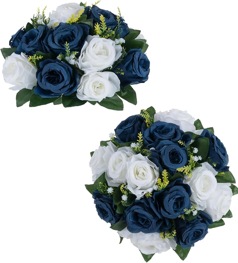 BLOSMON Navy Blue Rose Flowers: 2 Pcs Fake Floral Balls Centerpiece by Blosmon