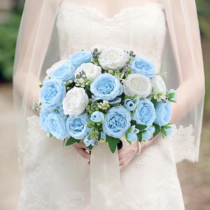 2 Packs Peonies Artificial Flowers Mixed White Blue Silk Artificial Peonies | - Image 5