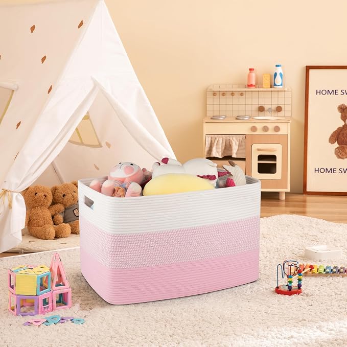 OIAHOMY 108L Extra Large Blanket Basket Dog Toy Basket Pink&White | Rectangle - Image 5