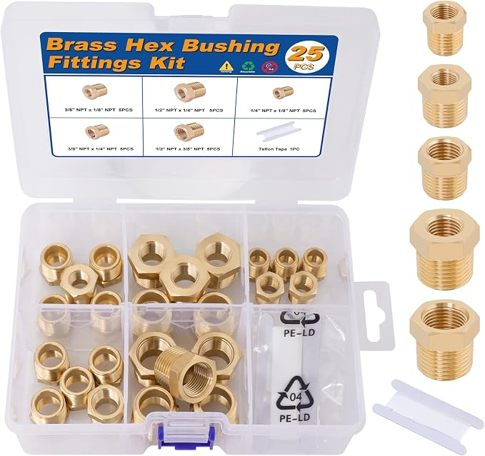 KOOTANS 25PCS Brass Hex Bushing Kit Brass Fittings Assortment 1/4" to 1/8" by KOOTANS