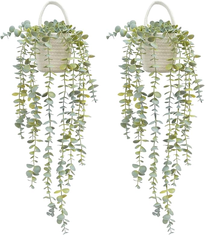 Fake Hanging Plant, Eucalyptus in Wall Woven Planters | Artificial Faux Plants by HOFMEFY
