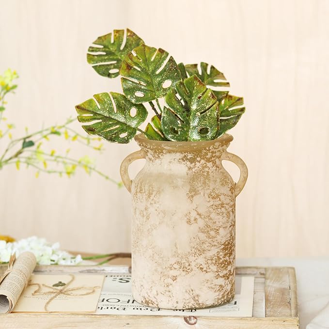 Glass Flower Vase with Handle- 8 Inches Rustic Imitation Ceramic Vase - Image 2