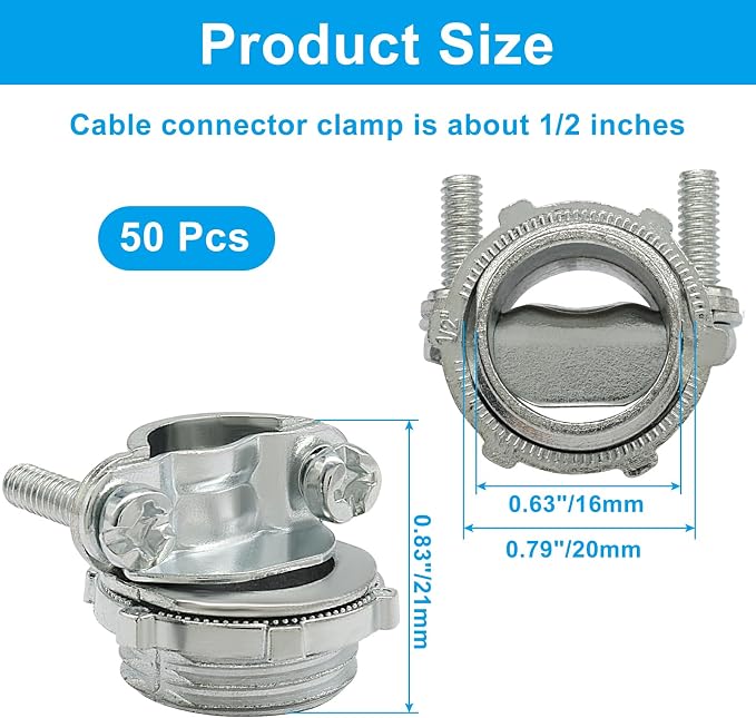 50 Pcs 1/2 Inch Clamp Type Cable Connectors, - Image 2