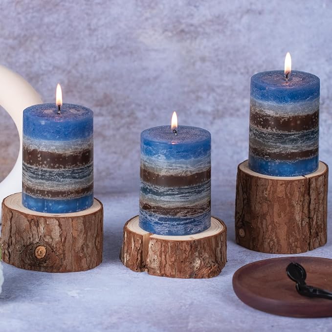KONNI Layered Pillar Candles Set of 3, 2.8"x 4" Table Decor Blue Coffee | - Image 3