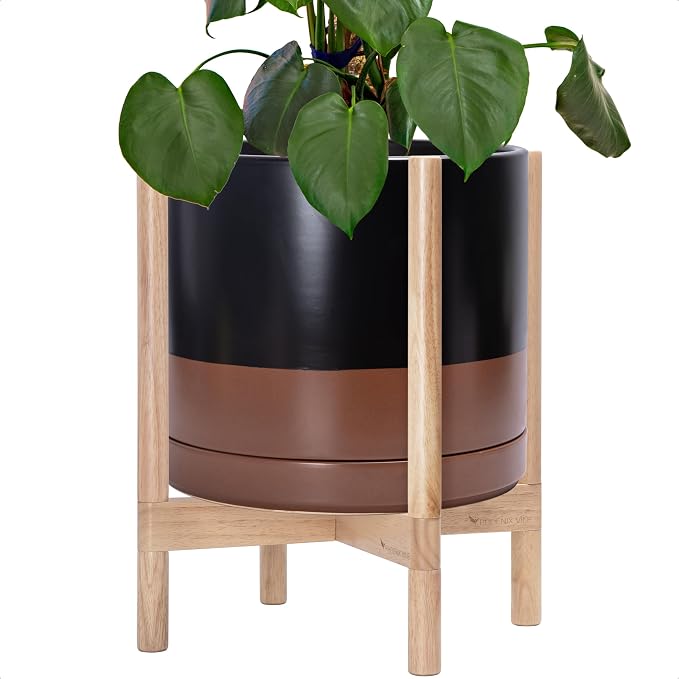 D'vine Dev Ceramic Pot with Natural Wood Stand, 14 in, 55-B-R-7 | Mid-Century by DvineDevPlanterPotsandStand