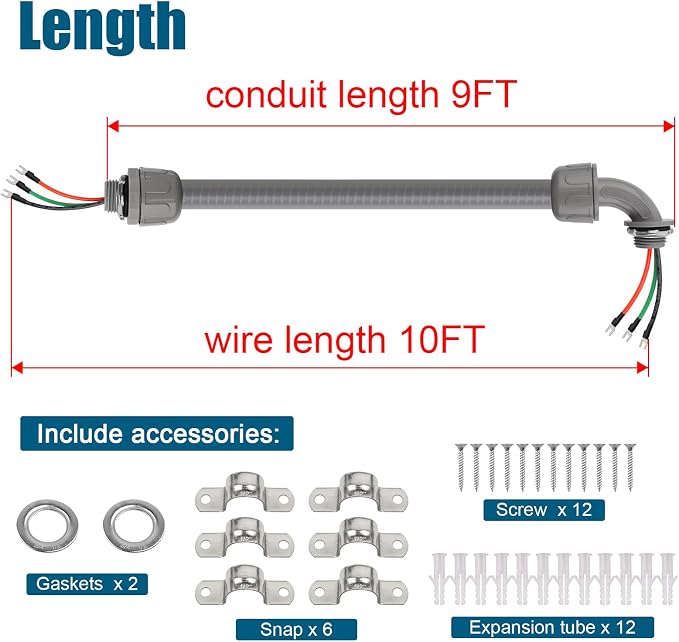10FT Non-Metallic Liquid-Tight Conduit Kit, 1/2" Pre-Wired Electrical Whip - Image 5