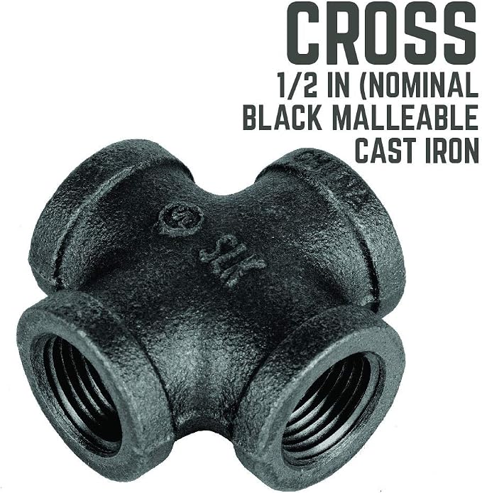 1/2" Cross Fitting, PIPE DECOR Black Malleable Iron Fittings Fit Standard 1/2 - Image 3