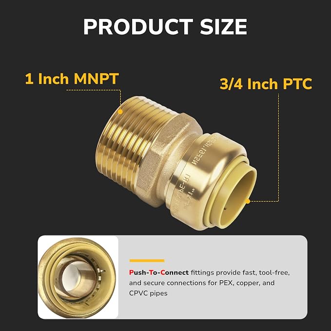 3/4" PTC to 1" NPT Male Reducing Adapter Push-Fit, Push to Connect Brass - Image 2