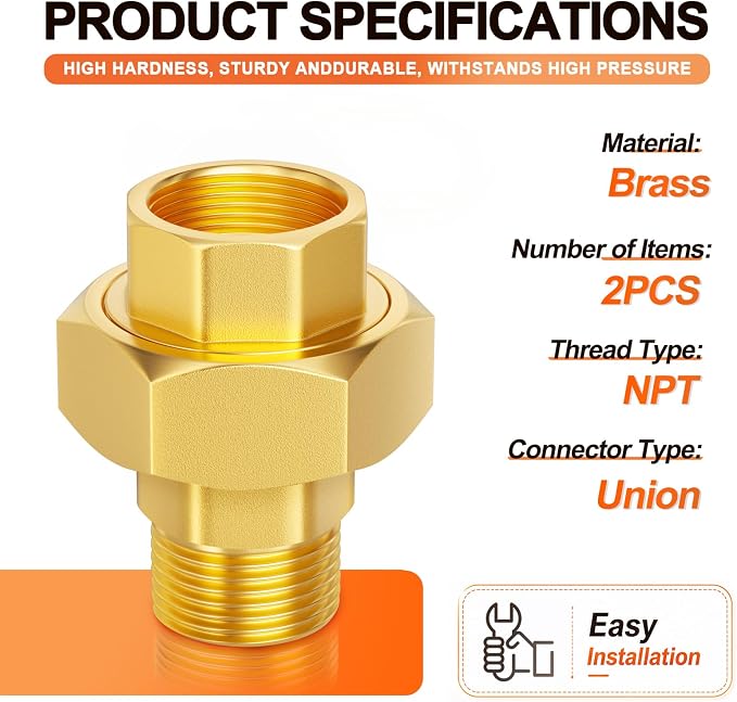 GASHER 2PCS 1/2" NPT Brass Union Pipe Fitting | 1/2 Inch Male x 1/2 Inch Female - Image 2