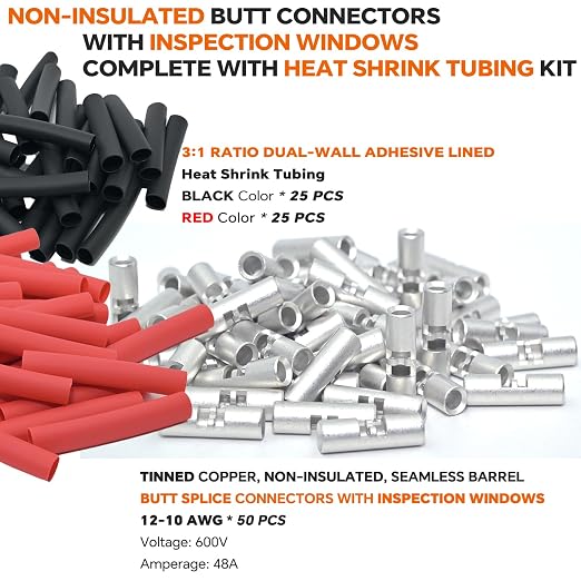 12-10 AWG Wire Splice Kit – 50 PCS 12-10 Gauge Tinned Copper Non-Insulated Butt - Image 2