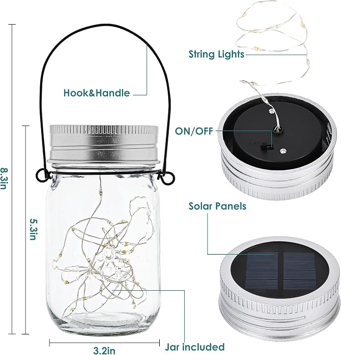 GIGALUMI Hanging Mason Jar Solar Lights, 6 Pack 30 Led Hanging Lantern | Solar - Image 5