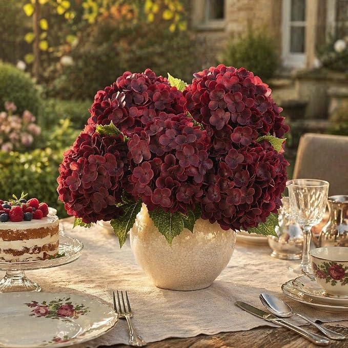 Red Burgundy Hydrangea Artificial Flowers, Faux Hydrangea Flowers, Latex - Image 6