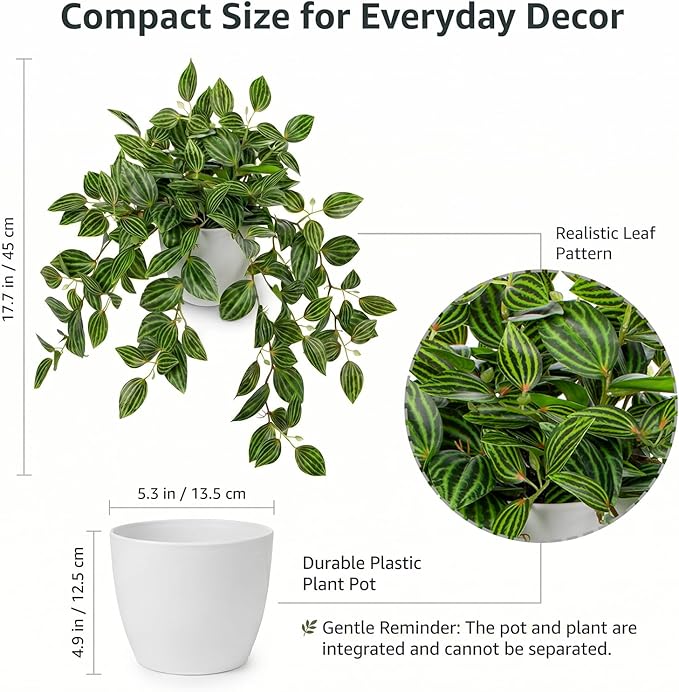 Briful Artificial Potted Plant Indoor, 17.7" Faux Watermelon Peperomia Trailing - Image 2
