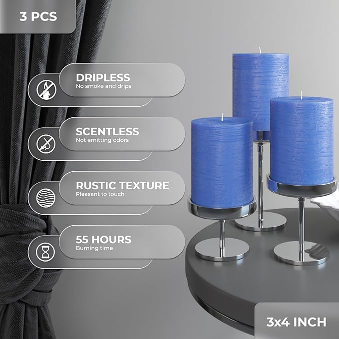 3x4 inch Pillar Candles Set of 3 – Unscented Dripless Rustic Blue Candles - Image 4