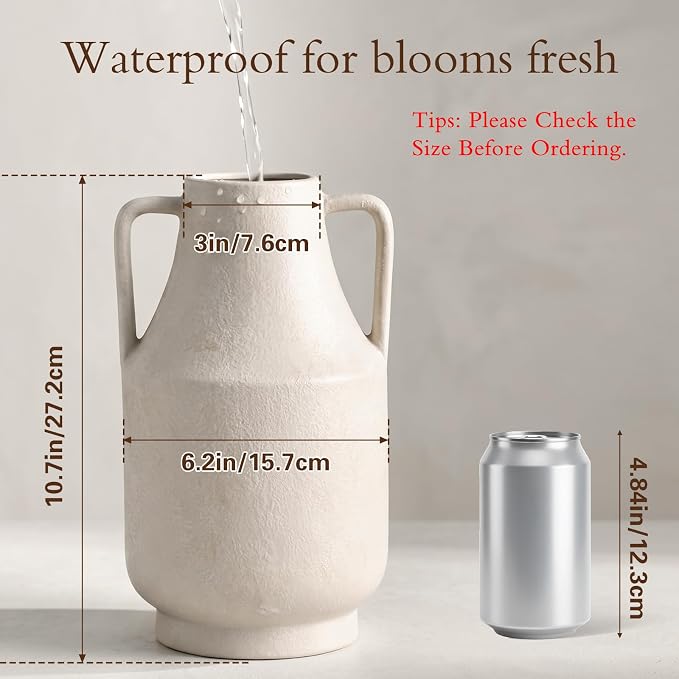 Ceramic Flower Vase with Handles, 11in Tall White Vases - Image 2