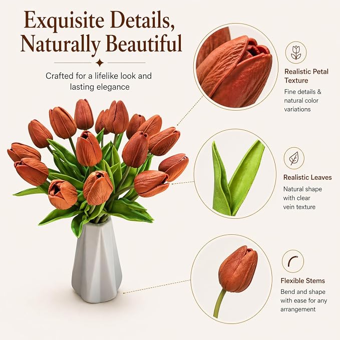 Mandy's 20pcs Artificial Burnt Orange Tulips | 13.5 Inch Lifelike PU Tulips - Image 4