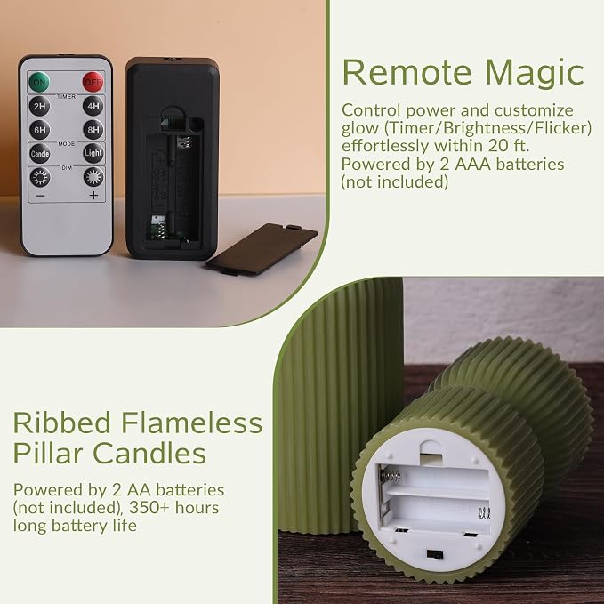 Olive Green Ribbed Flameless Pillar Candles - Image 3