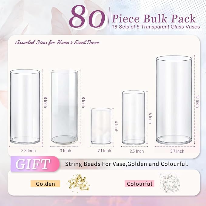 OGEH Glass Vase Cylinder Vases for Centerpieces Clear 80pack-4+6+8+8+10inch - Image 2