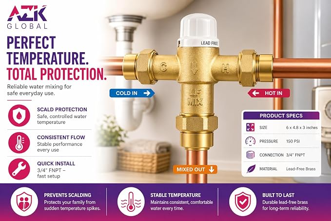 3/4" FNPT Type Thermostatic Mixing Valve, Cert: ASSE, NSF | TMV, Precise water - Image 5