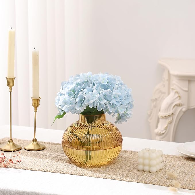 Amber Glass Vase for Tulips, Ribbed Glass Vase for Flowers, Round Flower Vases - Image 2