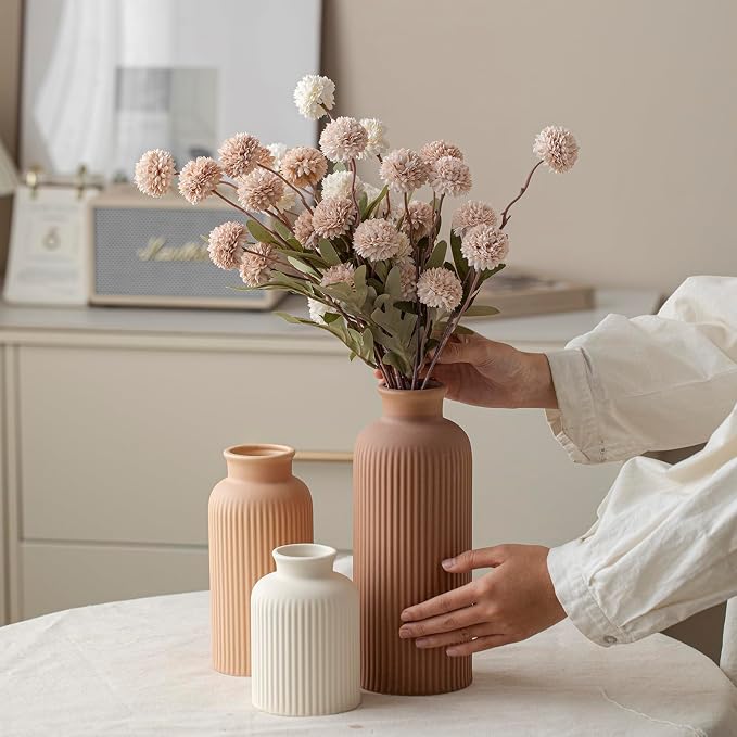 Large Modern Ceramic Vase Set, Coffee Ribbed Matte Design, 3-Piece Decorative - Image 2