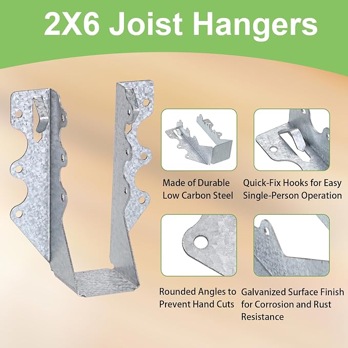 55 PCS 2x6 Steel Joist Hangers, 20 Gauge Galvanized Brackets - Image 4