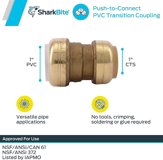 SharkBite 1 Inch CTS x 1 Inch PVC Transition Coupling, Push to Connect Brass - Image 5