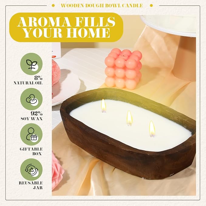 Threlaco 1 Pack 10 Inch Wood Dough Bowl Candles Home Rustic Dough Bowl Soy - Image 4